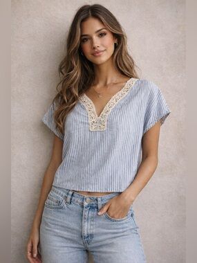 ZARA Striped Cotton & Crochet Top - Size XS